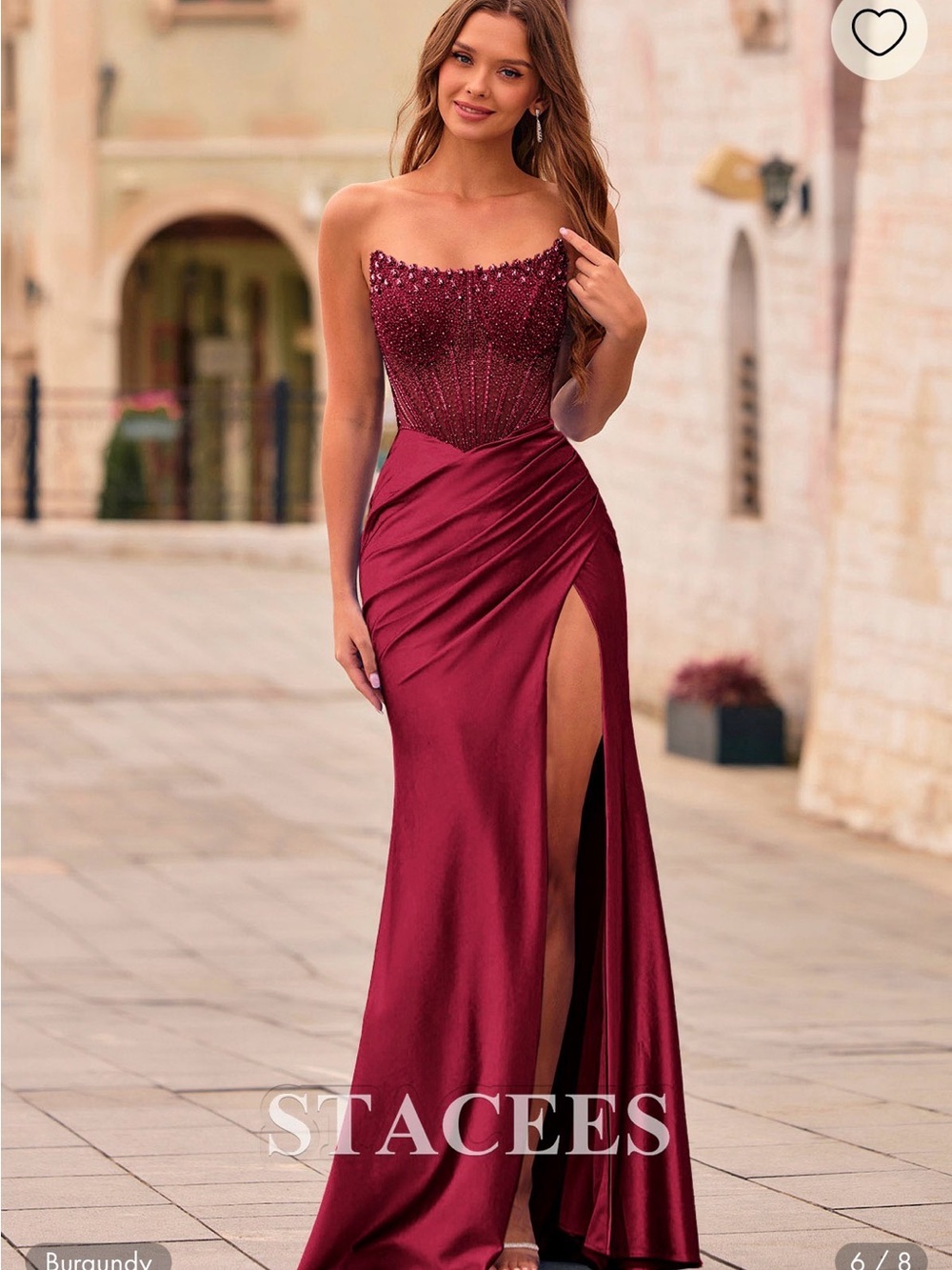 Stacees Burgurdy Tight Strapless Corset Prom Dress with Ruched Satin Slit Skirt